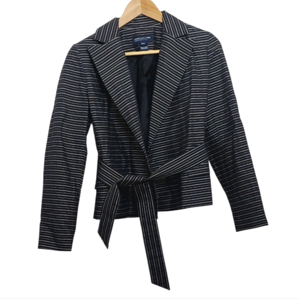 Jones New York Women's Size PS Petite Small Blazer Striped Belted Black - Picture 15 of 15